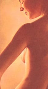 a medical conept of the back of a naked woman. Her face is turned to to the left, she is looking down with her eyes closed
