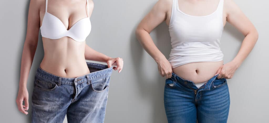 A before and after side by side image of a woman who lost weight, the after image show her wearing her old pants and her stretching out her oversized pants that no longer fit her